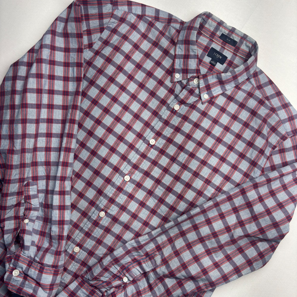 J.Crew Mens Slim Fit Plaid Button Down Shirt Red Blue Large Cotton Long Sleeve
